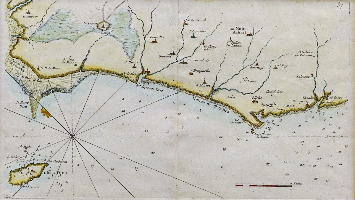 Gravure RARE CARTE MARINE de la VENDÉE - N°27 -  L'ISLE D'YEU - SABLES D'OLONNE - Ep. XVIIIe-photo-3