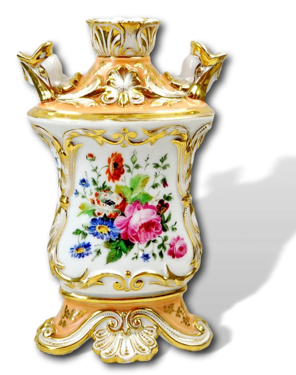 Large Tulip Pot With Dolphin Heads In Paris Porcelain - Ep. 1st 19th Century