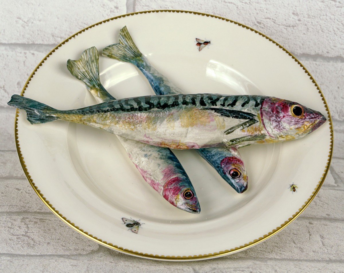 Trompe l'Oeil Plate With Fish "mackerel And Sardines" In Porcelain By Didier Gardillou -photo-3