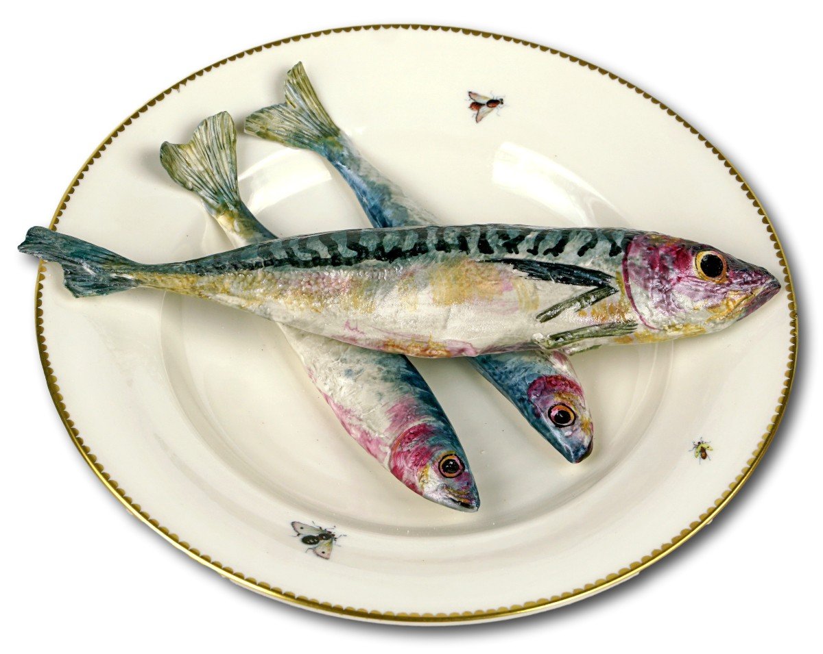 Trompe l'Oeil Plate With Fish "mackerel And Sardines" In Porcelain By Didier Gardillou 