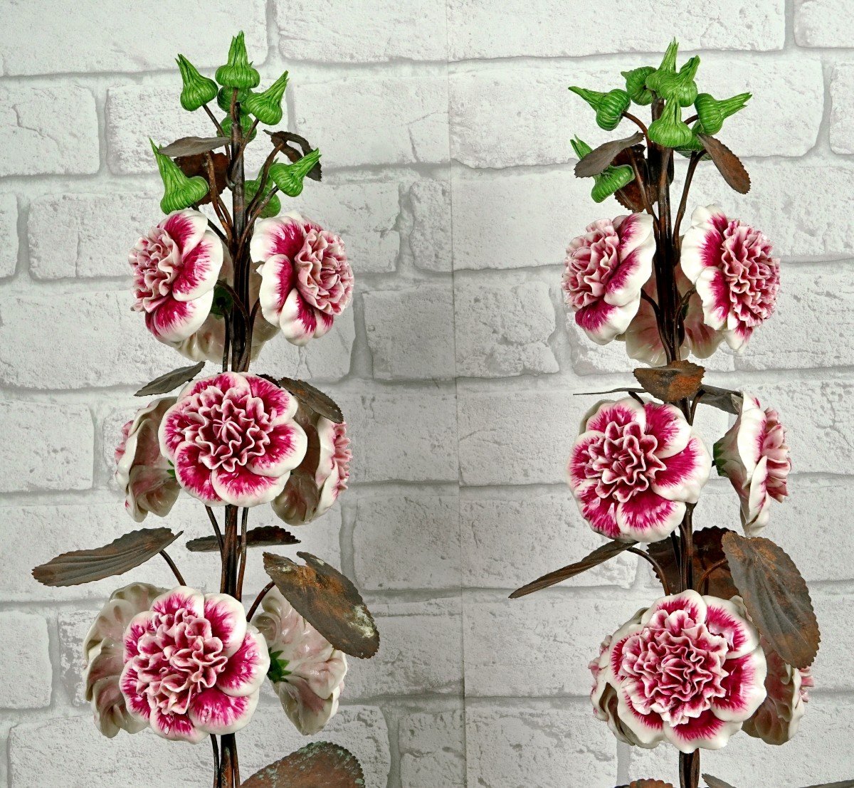 Large Pair Of Porcelain And Metal Hollyhocks By Samuel Mazy-photo-2