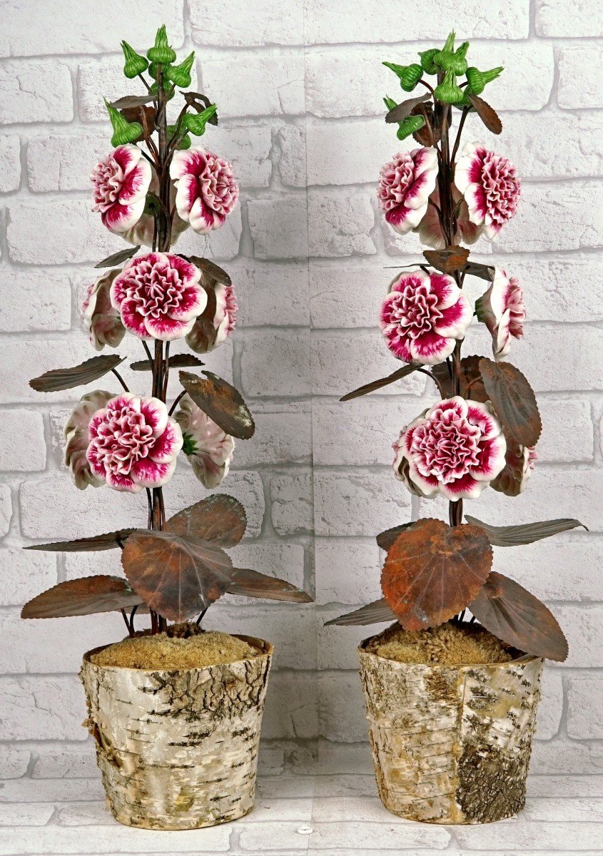 Large Pair Of Porcelain And Metal Hollyhocks By Samuel Mazy-photo-3