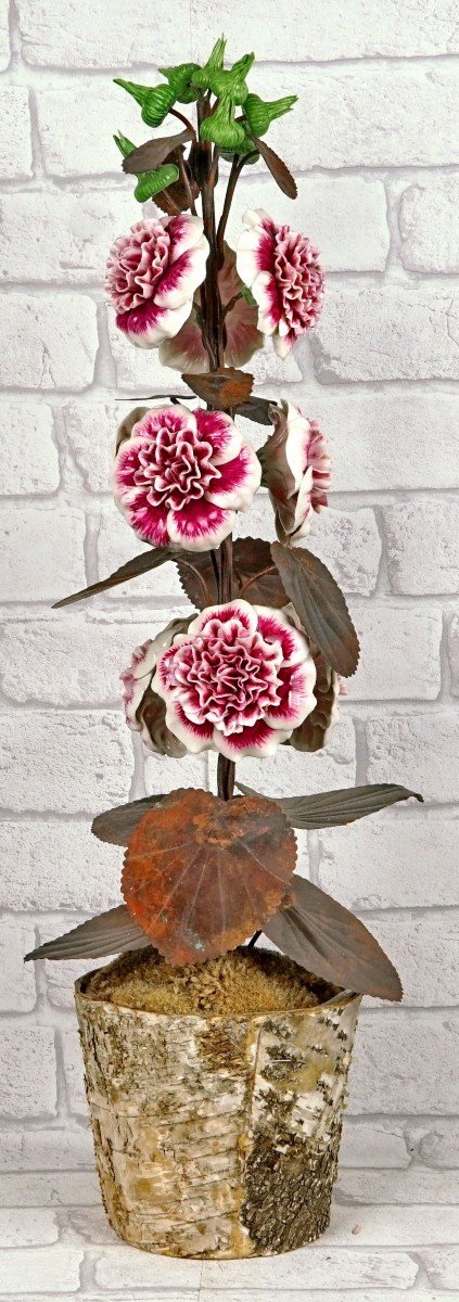 Large Pair Of Porcelain And Metal Hollyhocks By Samuel Mazy-photo-4