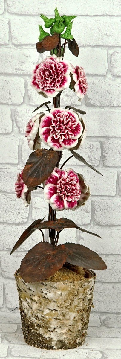 Large Pair Of Porcelain And Metal Hollyhocks By Samuel Mazy-photo-1