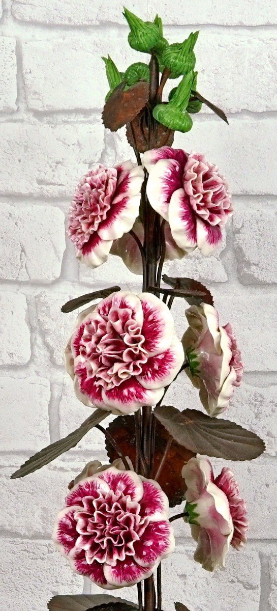 Large Pair Of Porcelain And Metal Hollyhocks By Samuel Mazy-photo-3