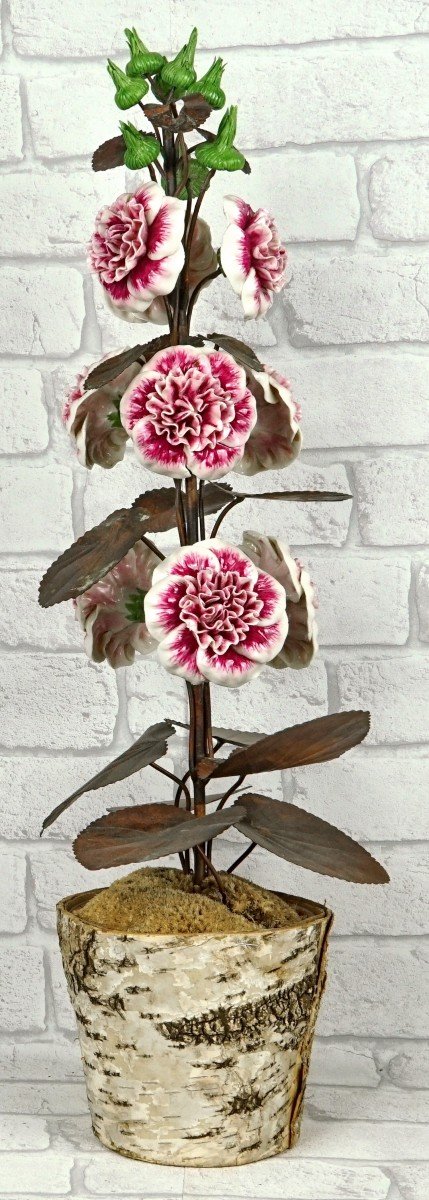 Large Pair Of Porcelain And Metal Hollyhocks By Samuel Mazy-photo-6