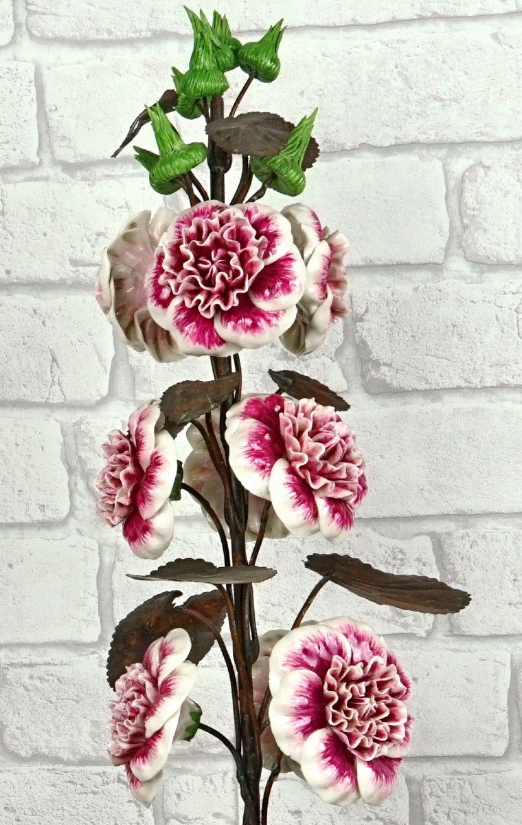 Large Pair Of Porcelain And Metal Hollyhocks By Samuel Mazy-photo-7