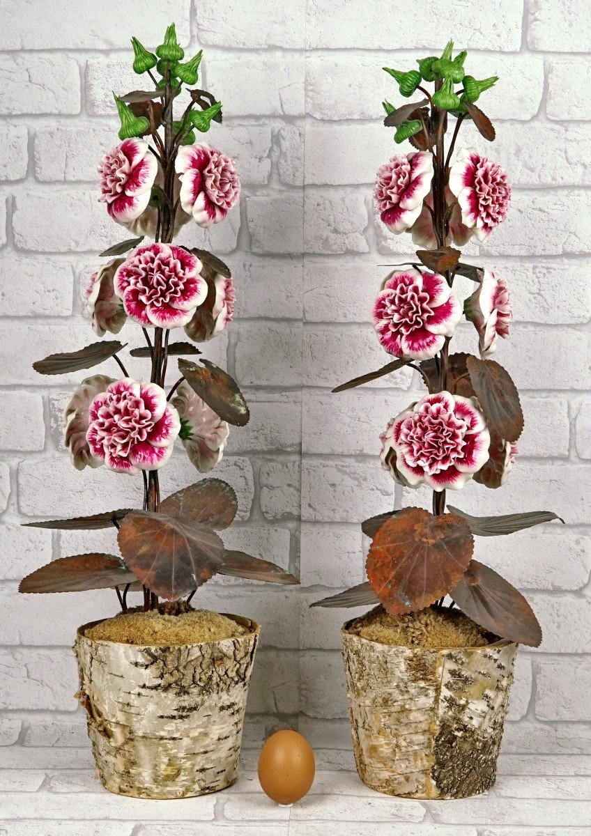 Large Pair Of Porcelain And Metal Hollyhocks By Samuel Mazy-photo-8