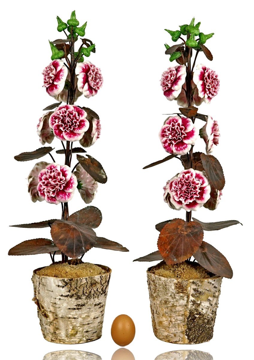 Large Pair Of Porcelain And Metal Hollyhocks By Samuel Mazy