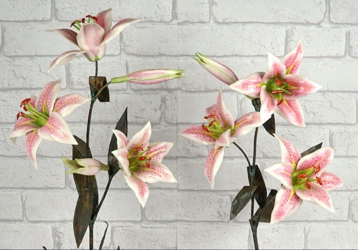 Large Pair Of Porcelain And Metal Lilies By Samuel Mazy-photo-2