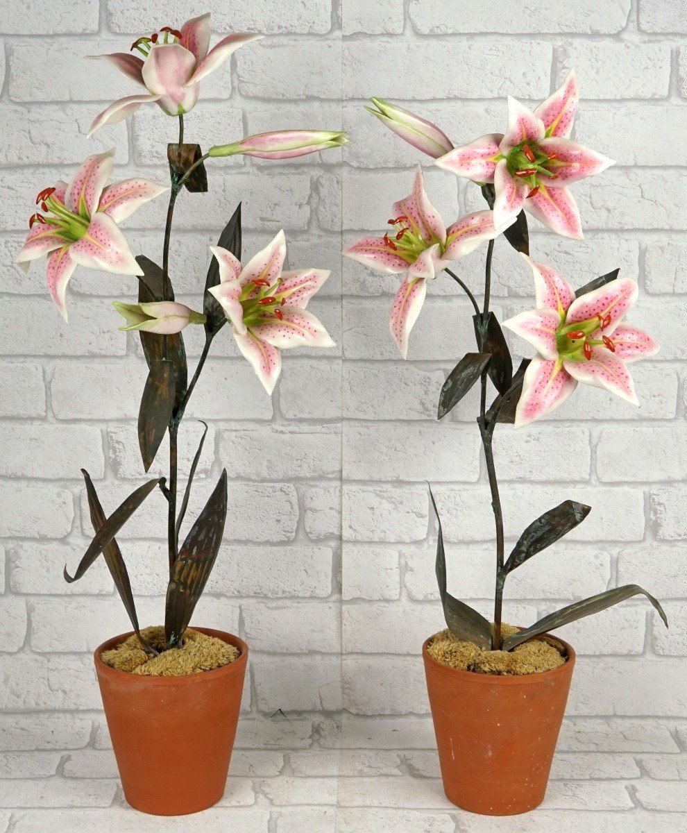 Large Pair Of Porcelain And Metal Lilies By Samuel Mazy-photo-3