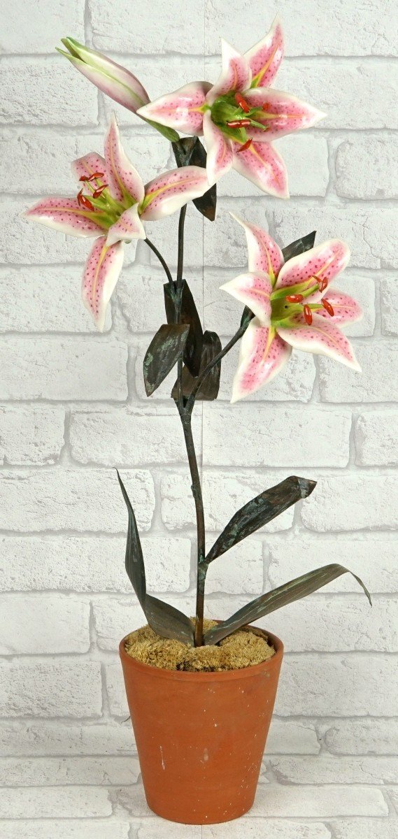 Large Pair Of Porcelain And Metal Lilies By Samuel Mazy-photo-4