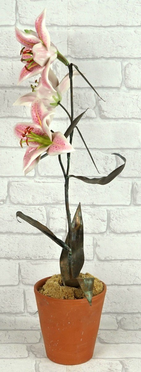 Large Pair Of Porcelain And Metal Lilies By Samuel Mazy-photo-1