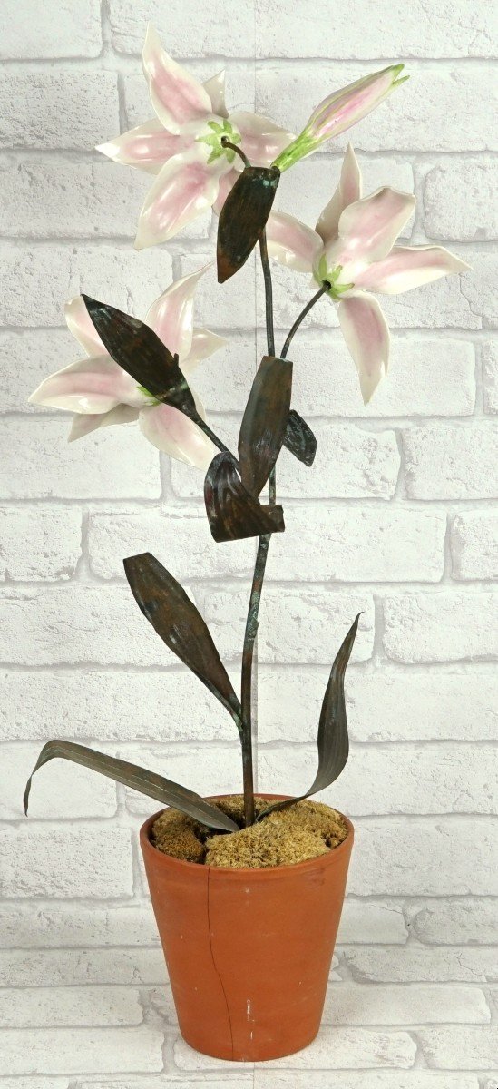 Large Pair Of Porcelain And Metal Lilies By Samuel Mazy-photo-2