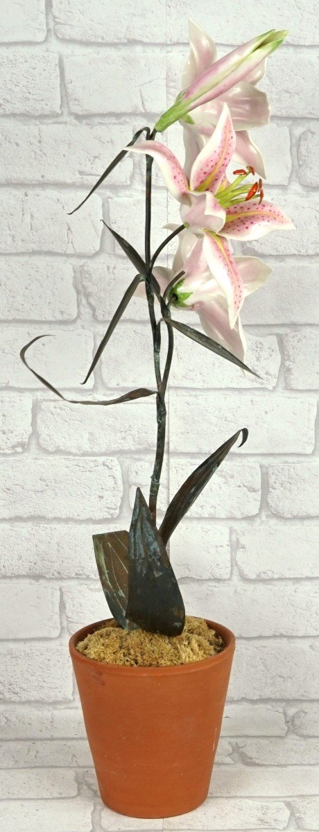 Large Pair Of Porcelain And Metal Lilies By Samuel Mazy-photo-3