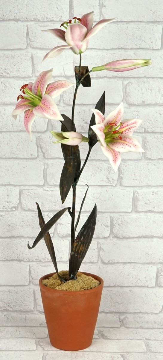 Large Pair Of Porcelain And Metal Lilies By Samuel Mazy-photo-4