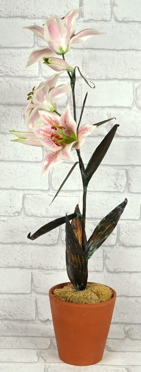 Large Pair Of Porcelain And Metal Lilies By Samuel Mazy-photo-5