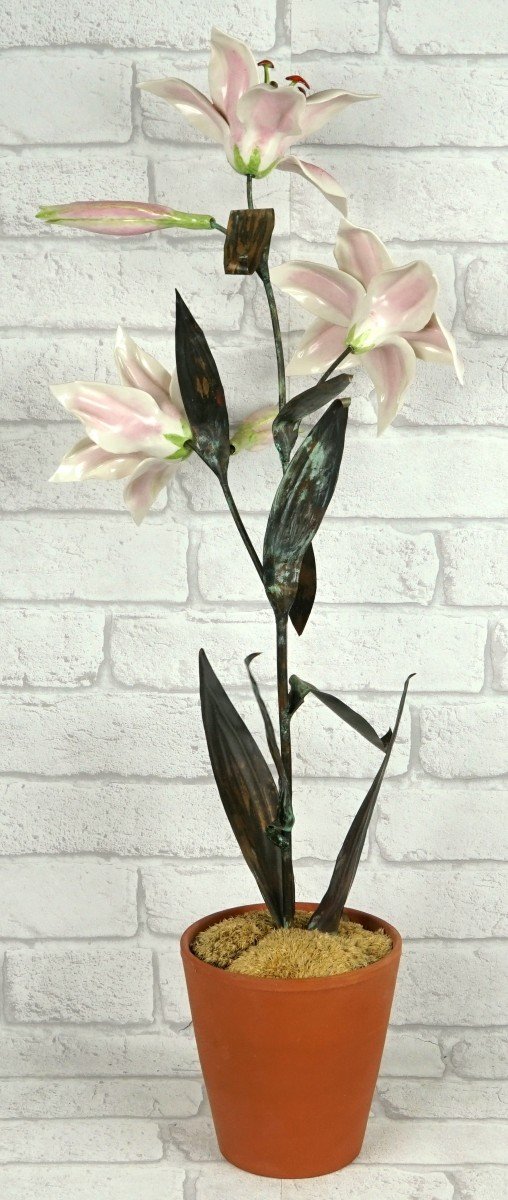 Large Pair Of Porcelain And Metal Lilies By Samuel Mazy-photo-6