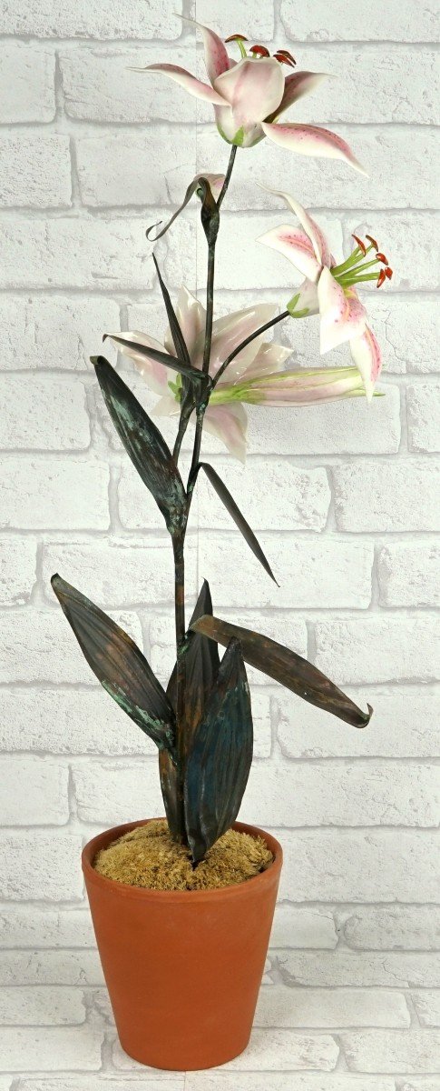 Large Pair Of Porcelain And Metal Lilies By Samuel Mazy-photo-7