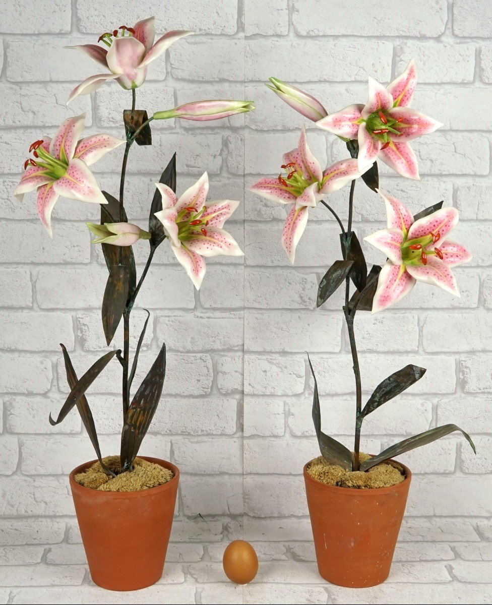 Large Pair Of Porcelain And Metal Lilies By Samuel Mazy-photo-8