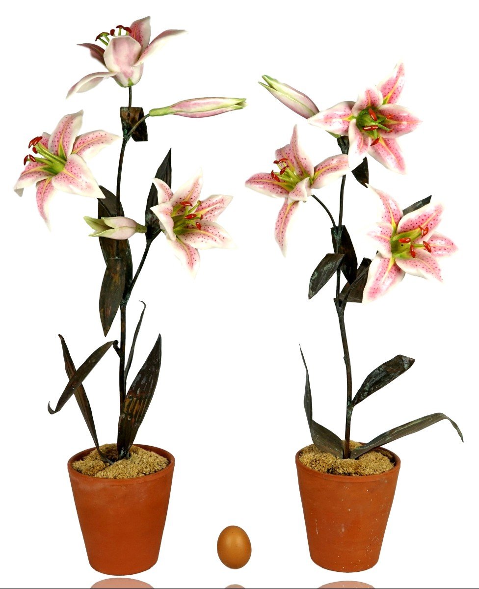 Large Pair Of Porcelain And Metal Lilies By Samuel Mazy