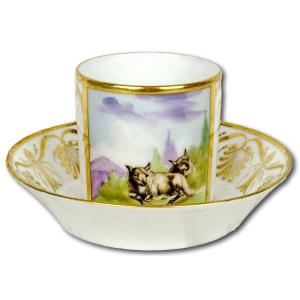 Cup And Saucer In Paris Porcelain - Manufacture De Locre - Ep. Early 19th Century