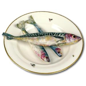 Assiette Trompe l'Oeil Aux Poissons "maquereau Et Sardines" En Porcelaine De Didier Gardillou 