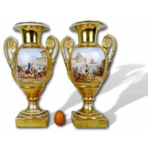 Rare Pair Of Paris Porcelain Baluster Vases With Revolutionary Decor - 19th Century