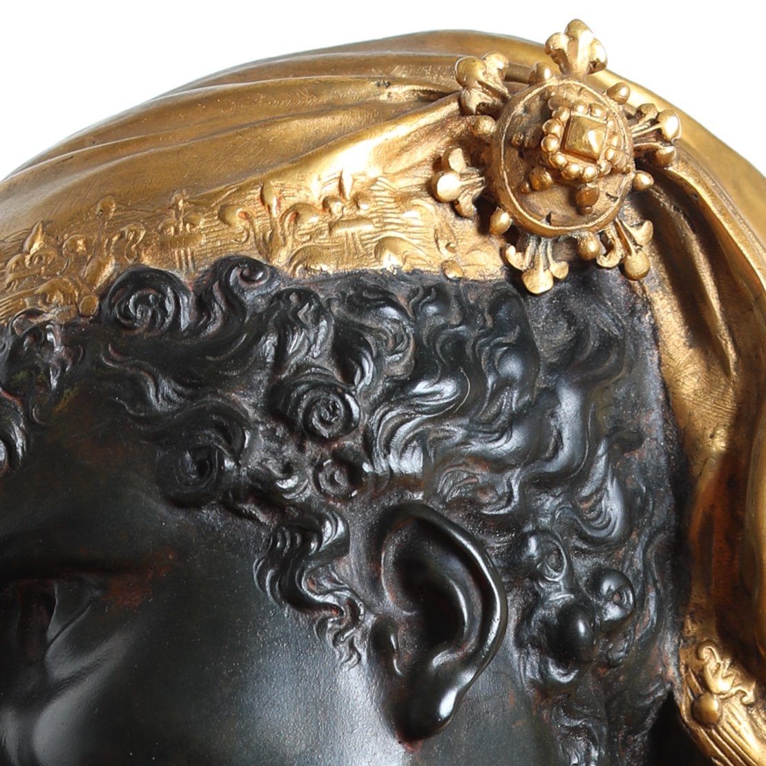 Large Bronze Bust Sculpture Oriental Ephebe In Turban By Luca Madrassi (1848-1919)-photo-3