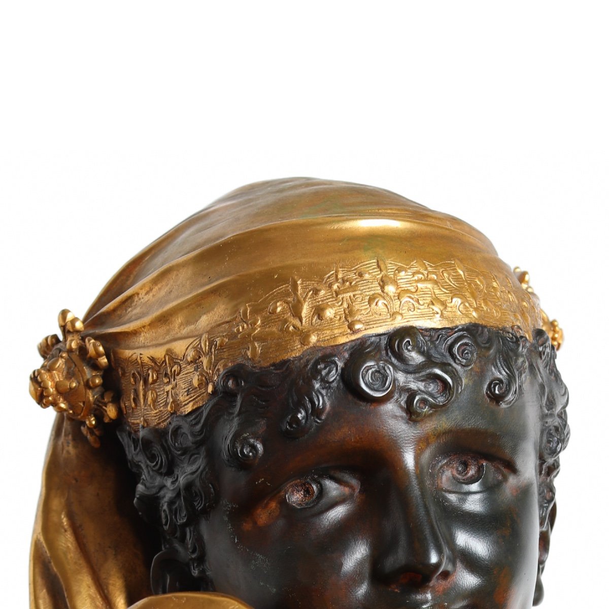 Large Bronze Bust Sculpture Oriental Ephebe In Turban By Luca Madrassi (1848-1919)-photo-8