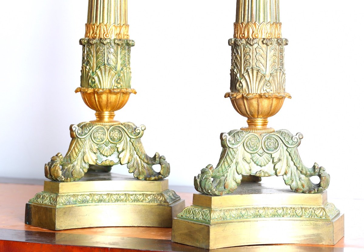 Large Pair Of Tripod Candlesticks In Bronze, Restoration Period 48 Cm - Early 19th Century-photo-7