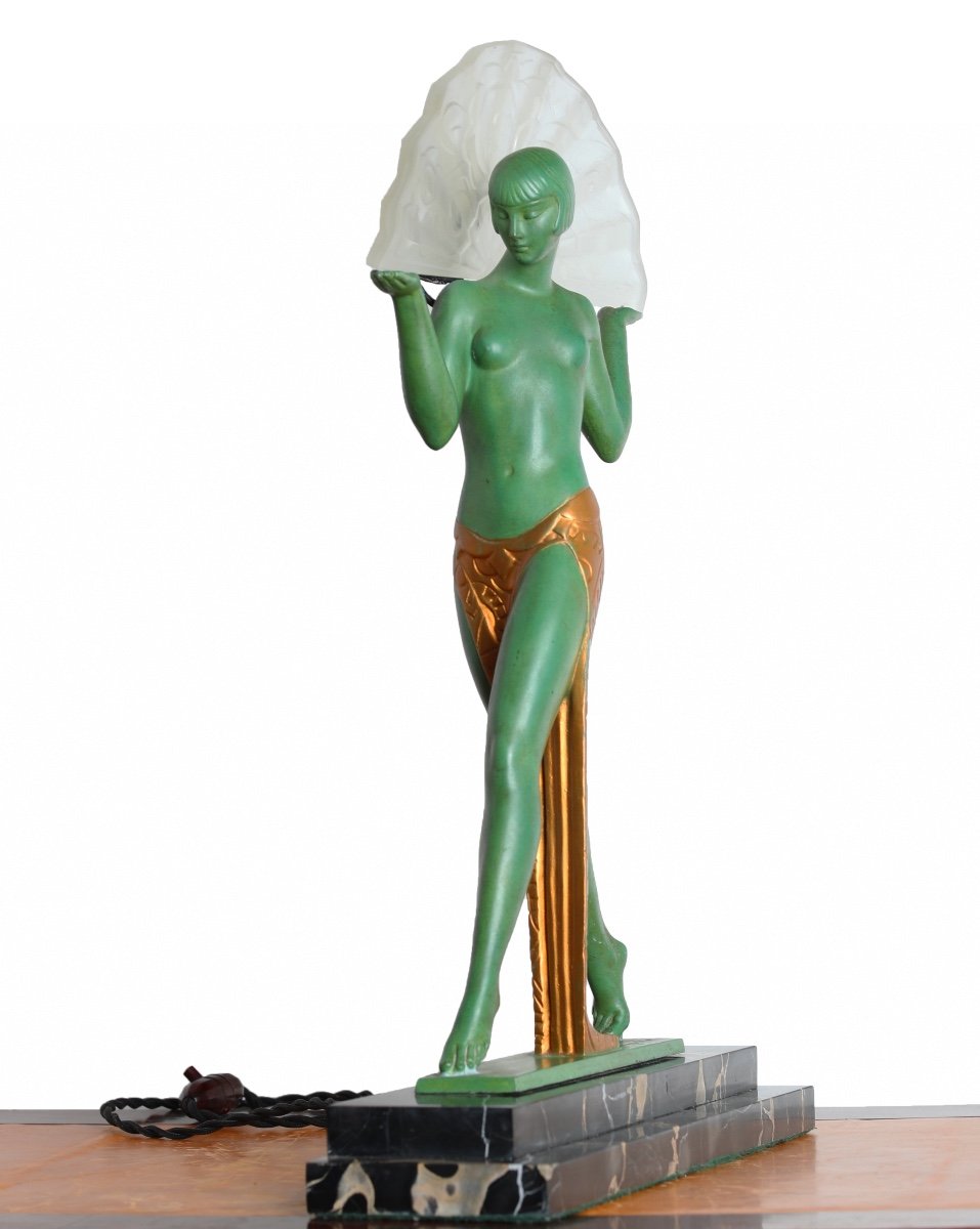Large Illuminating Sculpture Lamp "espana With  Fan" Signed Guerbe, Le Verrier Art Deco 1925-photo-5