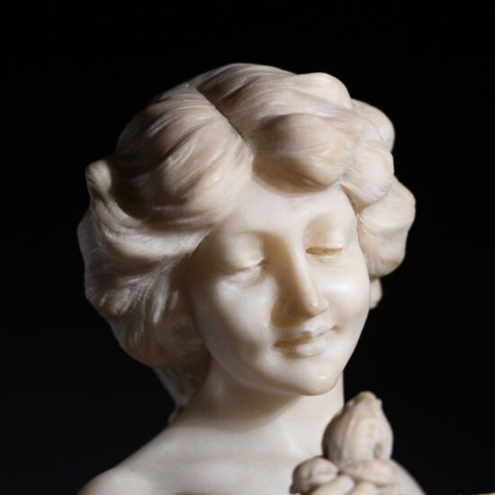 Allegorical Sculpture Lady With Lotus In Marble And Alabaster - Art Nouveau 1900-photo-4