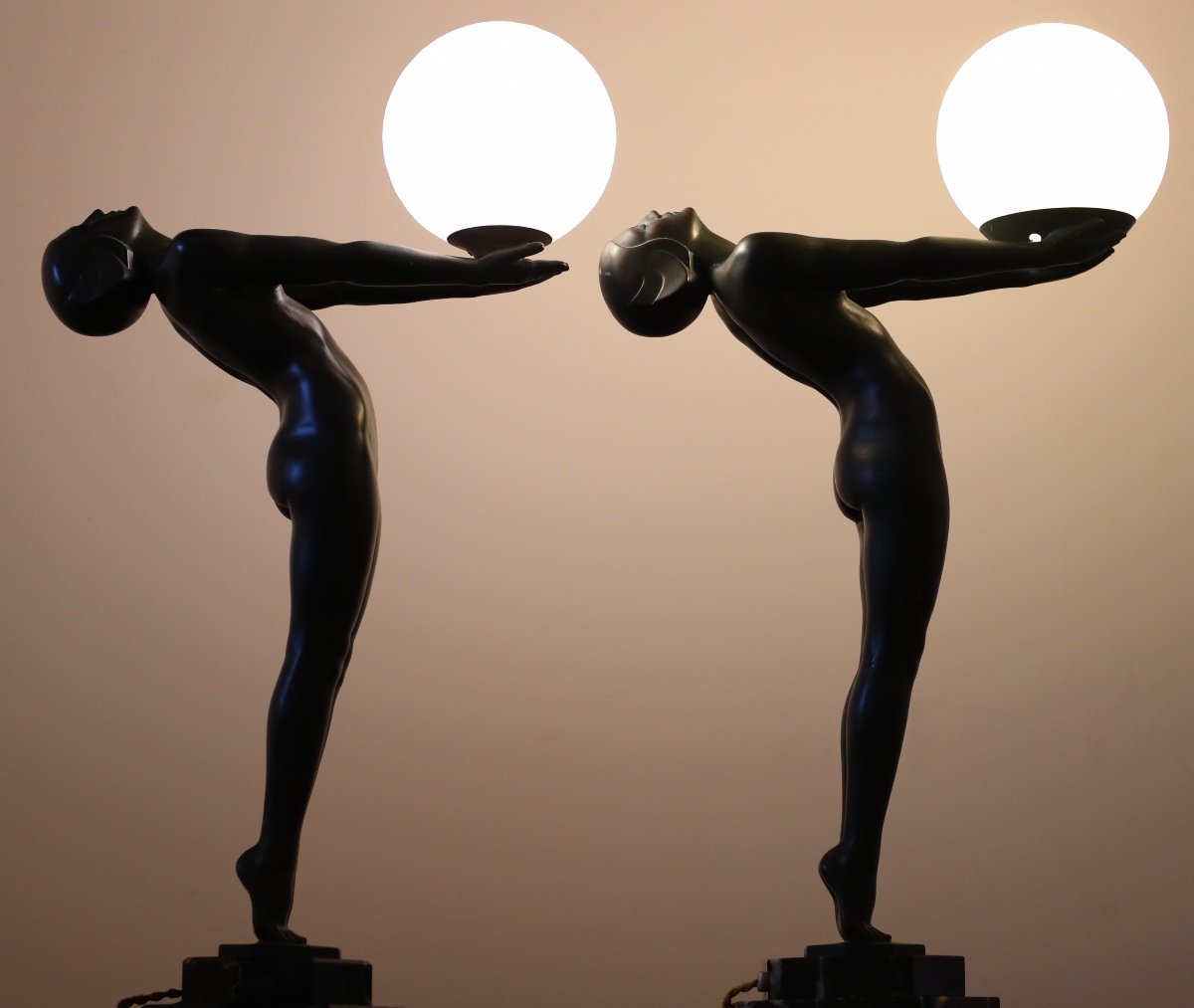 Pair Large Sculpture Lumina Illuminating Lamp 65 Cm By Le Verrier Era Fayral, Bouraine - 1928 Art Deco-photo-4