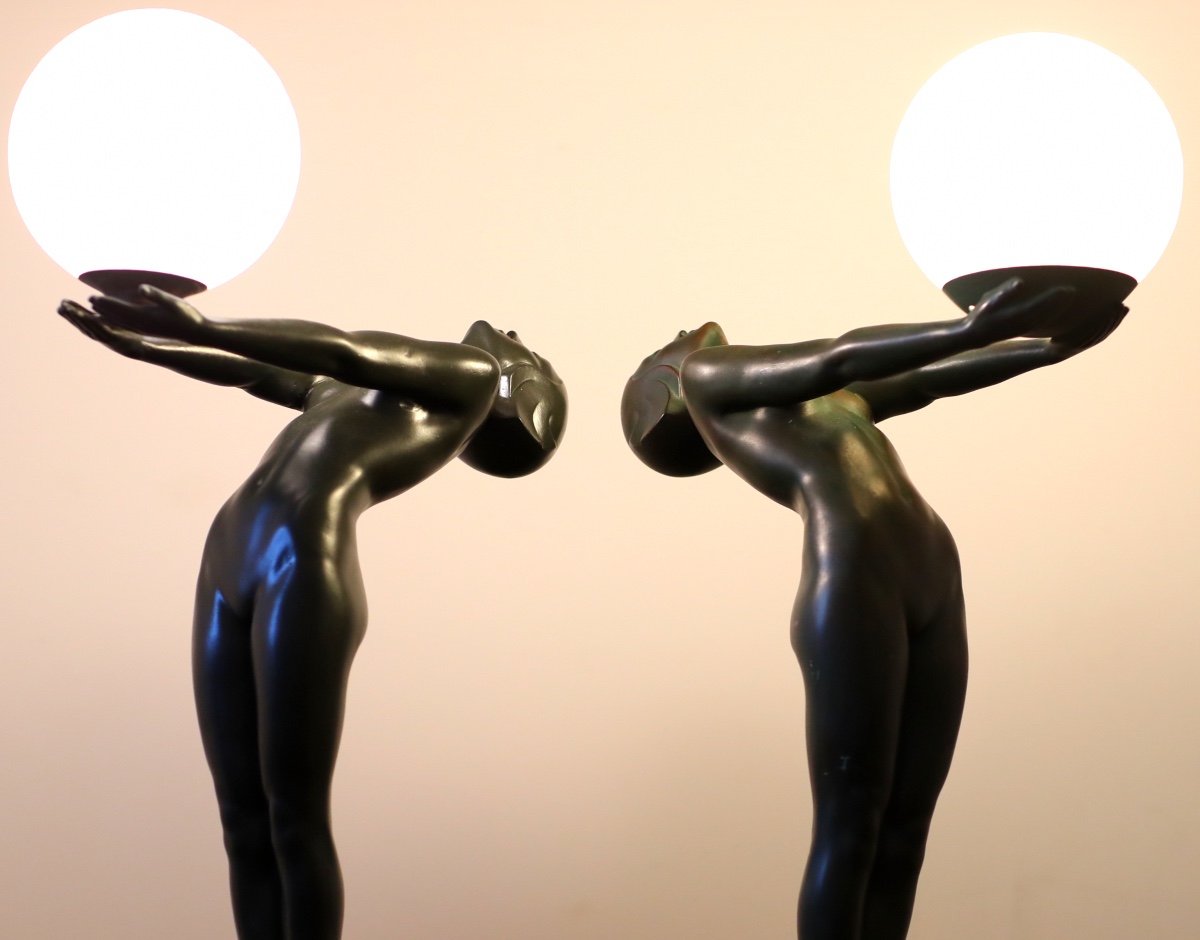 Pair Large Sculpture Lumina Illuminating Lamp 65 Cm By Le Verrier Era Fayral, Bouraine - 1928 Art Deco-photo-6