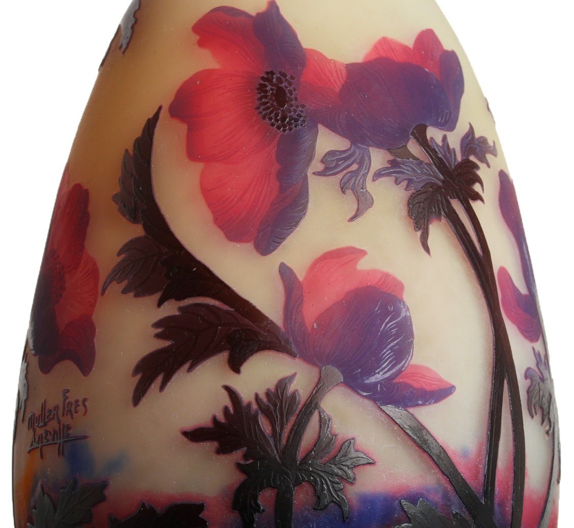 Important Vase With Red Anemones Muller Brothers Lunéville - Era Gallé, Daum, Delatte-photo-1