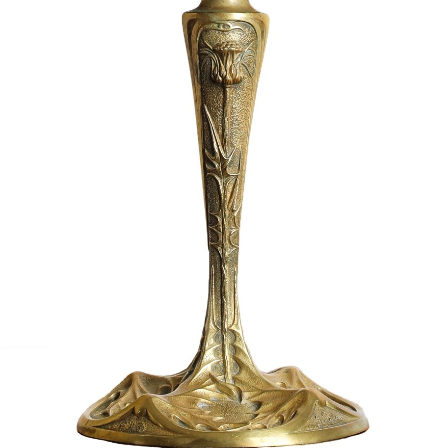 Large Thistle Oil Lamp In Bronze And Gilded Brass By Georges Leleu - Art Nouveau 1900-photo-2