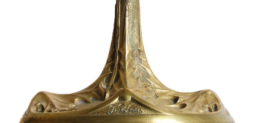 Grande Lampe à Pétrole Chardons En Bronze Et Laiton Doré Par Georges Leleu - Art Nouveau 1900-photo-1