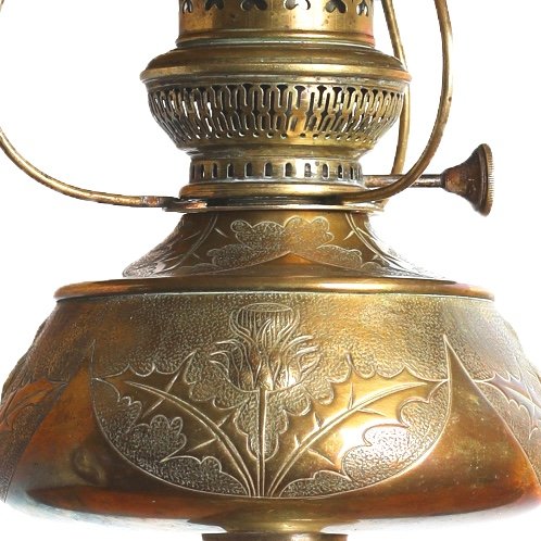 Grande Lampe à Pétrole Chardons En Bronze Et Laiton Doré Par Georges Leleu - Art Nouveau 1900-photo-2