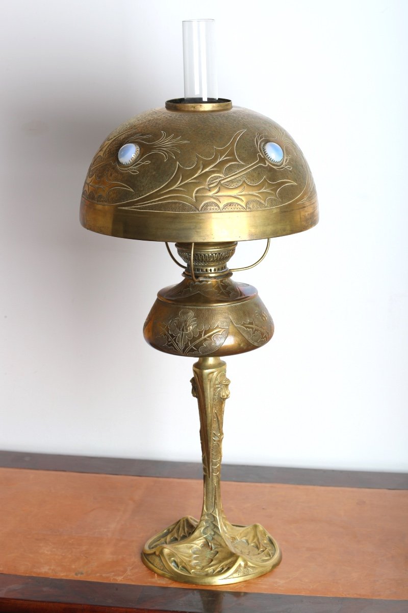 Grande Lampe à Pétrole Chardons En Bronze Et Laiton Doré Par Georges Leleu - Art Nouveau 1900-photo-3