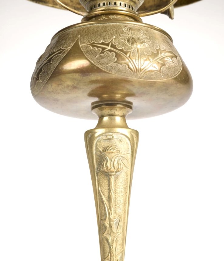 Large Thistle Oil Lamp In Bronze And Gilded Brass By Georges Leleu - Art Nouveau 1900-photo-4