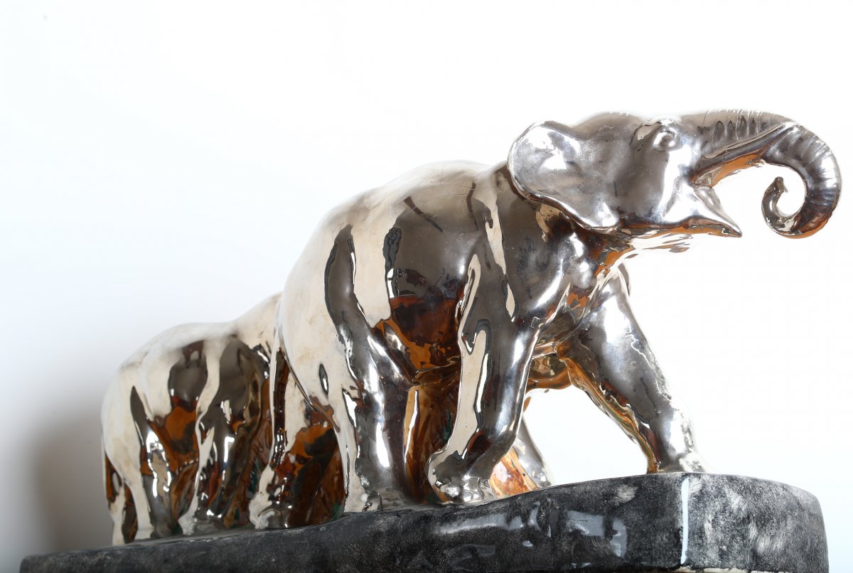 Large Sculpture Group Three Elephants In Silver Ceramic - Art Deco-photo-2