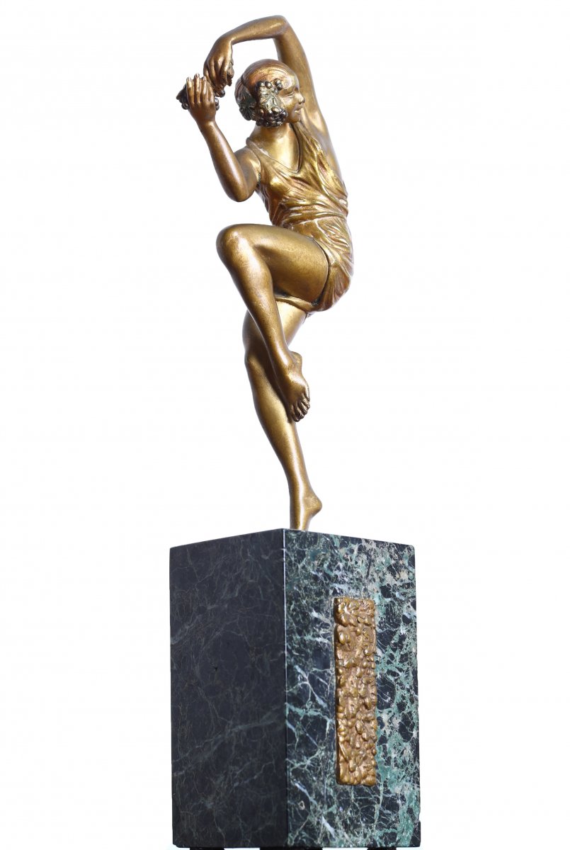 Bronze Spring Dancer With Grapes By Pierre Le Faguays (1892-1935) Circa 1925 Art Deco-photo-2