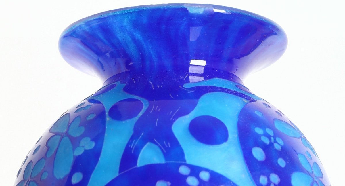 Vase Au Décor Azurette Charles Schneider, Le Verre Français Circa 1923-photo-1