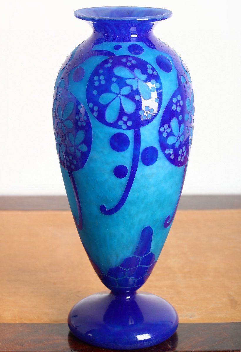 Vase Au Décor Azurette Charles Schneider, Le Verre Français Circa 1923-photo-5