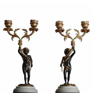 Pair Of Cherub Candelabra Candlesticks In Gilt Bronze And Marble, Napoleon III Style