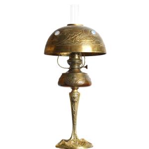 Grande Lampe à Pétrole Chardons En Bronze Et Laiton Doré Par Georges Leleu - Art Nouveau 1900