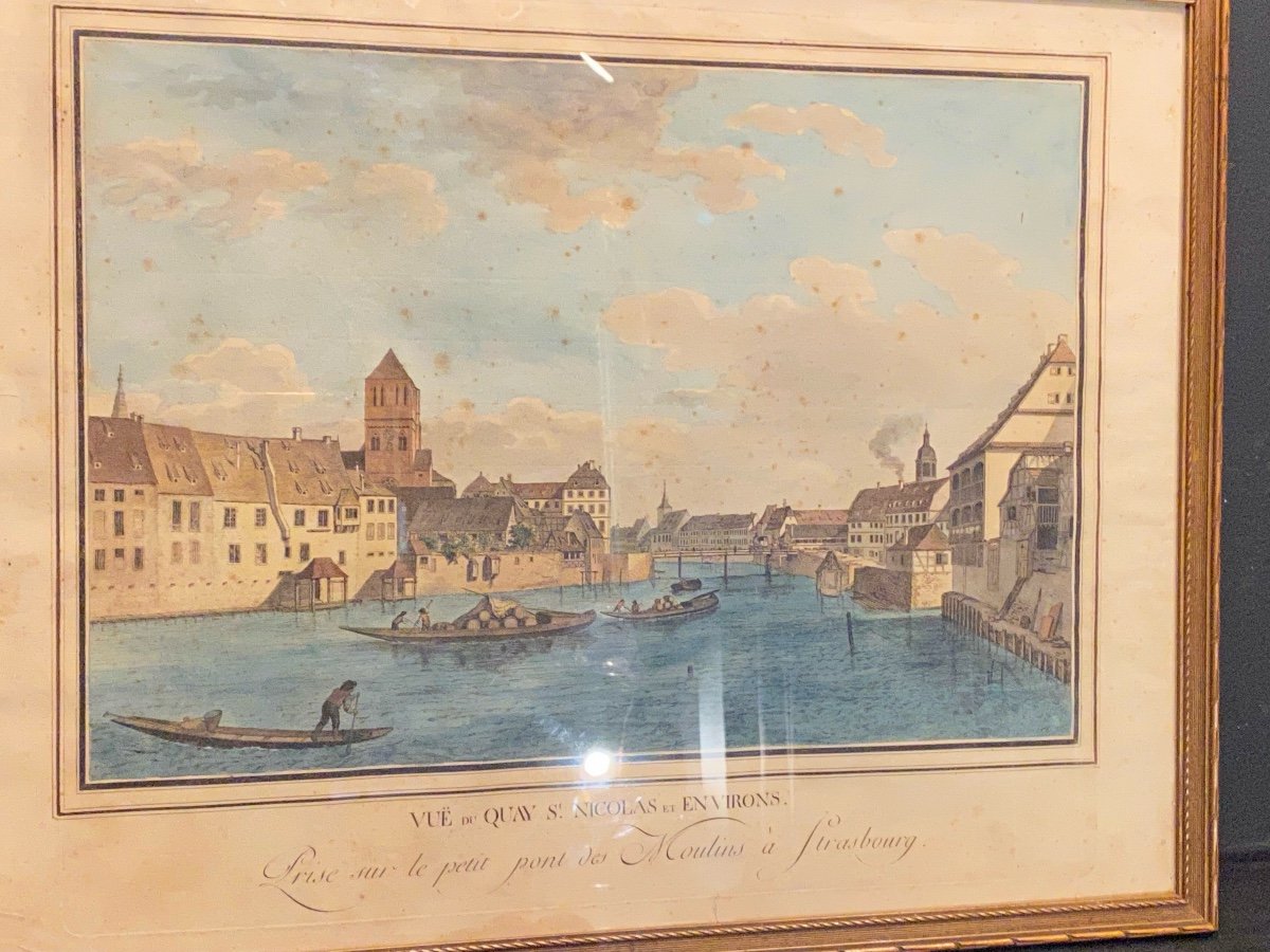 View Of The Quai Saint Nicolas In Strasbourg, Colored Engraving From The 18th Century-photo-1