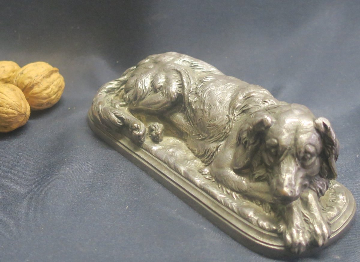 Dog Lying In Silver Bronze, Signed Hingre