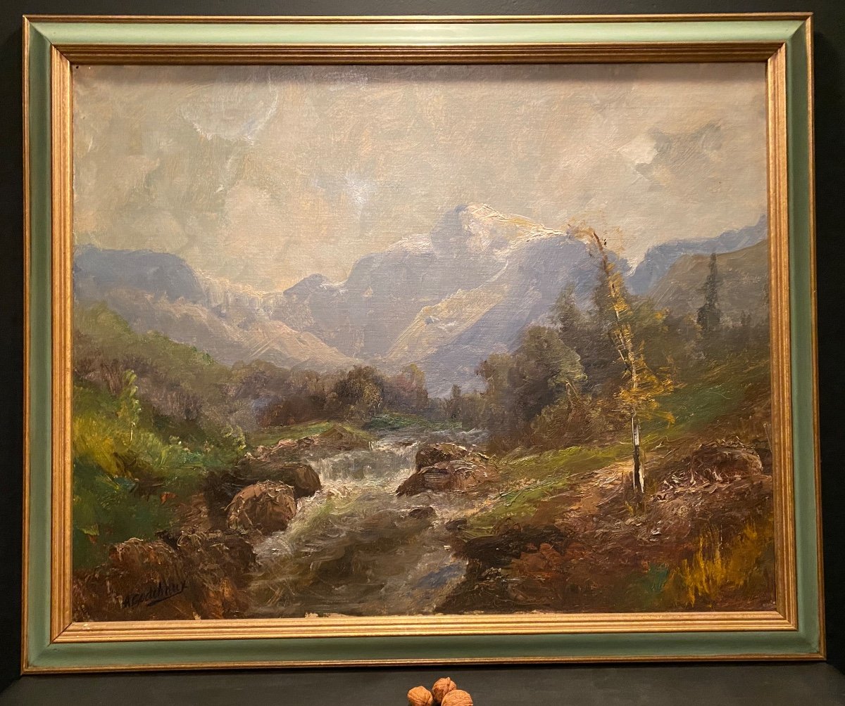 Painting, Mountain Landscape Signed In Godchaux